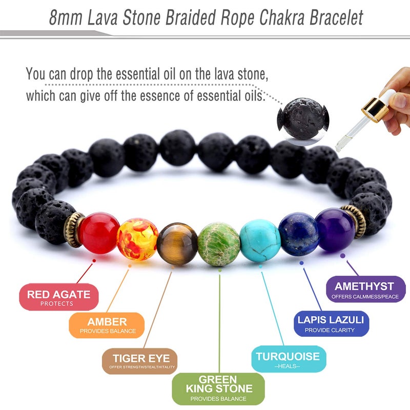 Doitory Men Women 8mm Lava Rock 7 Chakra Beads Chakra Bracelet Braided Rope Natural Stone Yoga Bracelet Bangle - Image 2